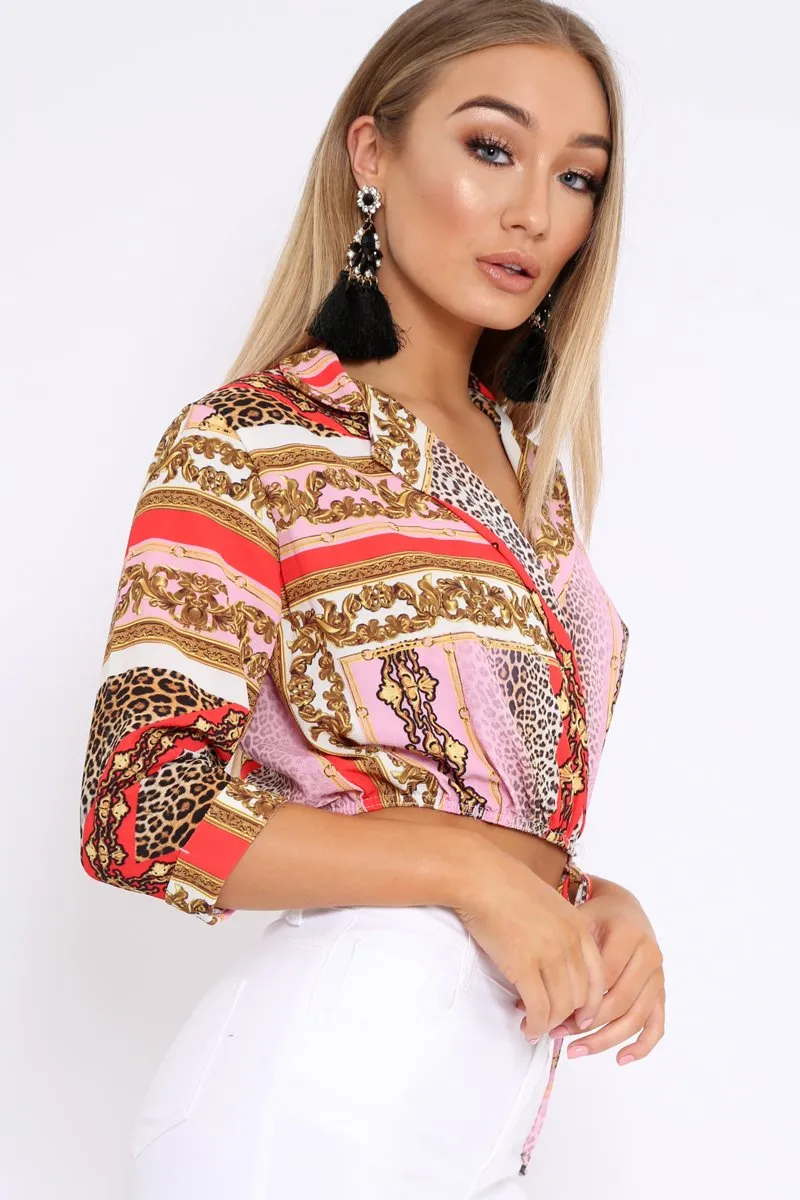 Pink Scarf Print Plunge Crop Top - Dorie