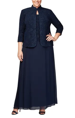 Plus Glitter Jacquard Knit Jacket Dress with Mandarin Neckline