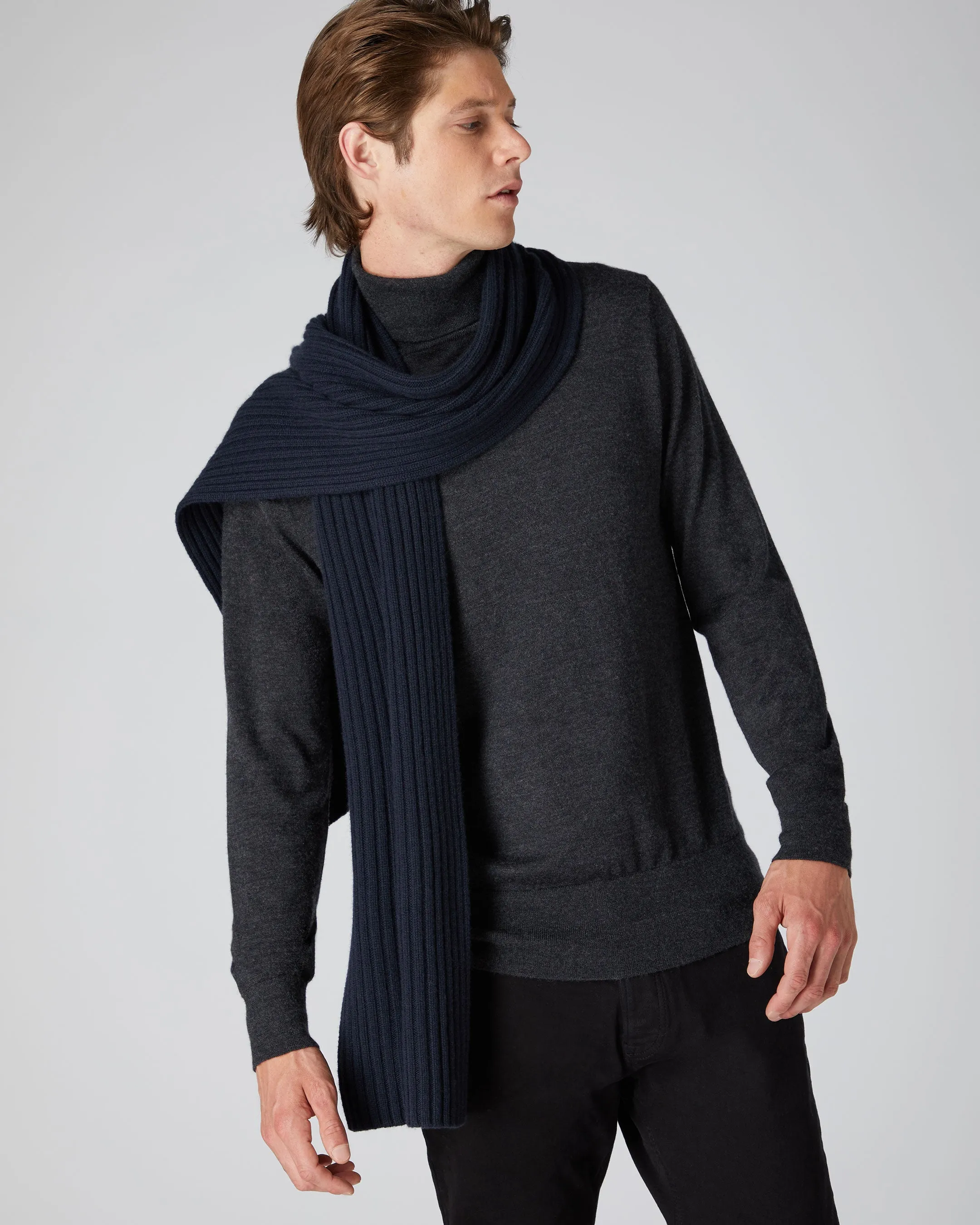 Unisex Chunky Rib Cashmere Scarf Navy Blue