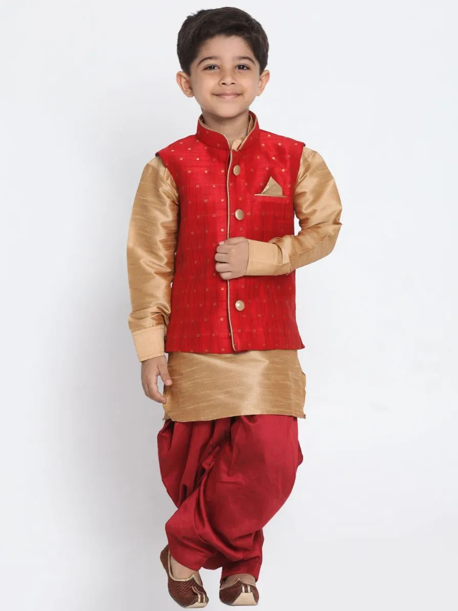 Vastramay Boys' Maroon Cotton Silk Blend Ethnic Jacket, Golden Kurta and Dhoti Pant Set