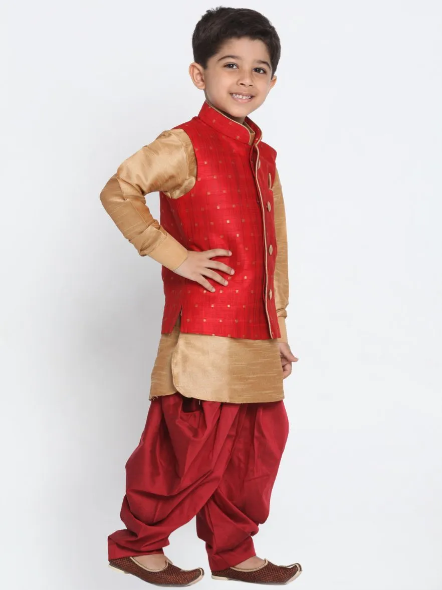 Vastramay Boys' Maroon Cotton Silk Blend Ethnic Jacket, Golden Kurta and Dhoti Pant Set