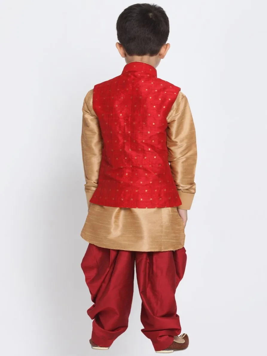 Vastramay Boys' Maroon Cotton Silk Blend Ethnic Jacket, Golden Kurta and Dhoti Pant Set