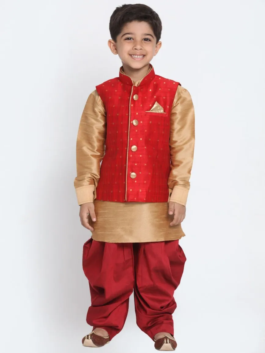 Vastramay Boys' Maroon Cotton Silk Blend Ethnic Jacket, Golden Kurta and Dhoti Pant Set