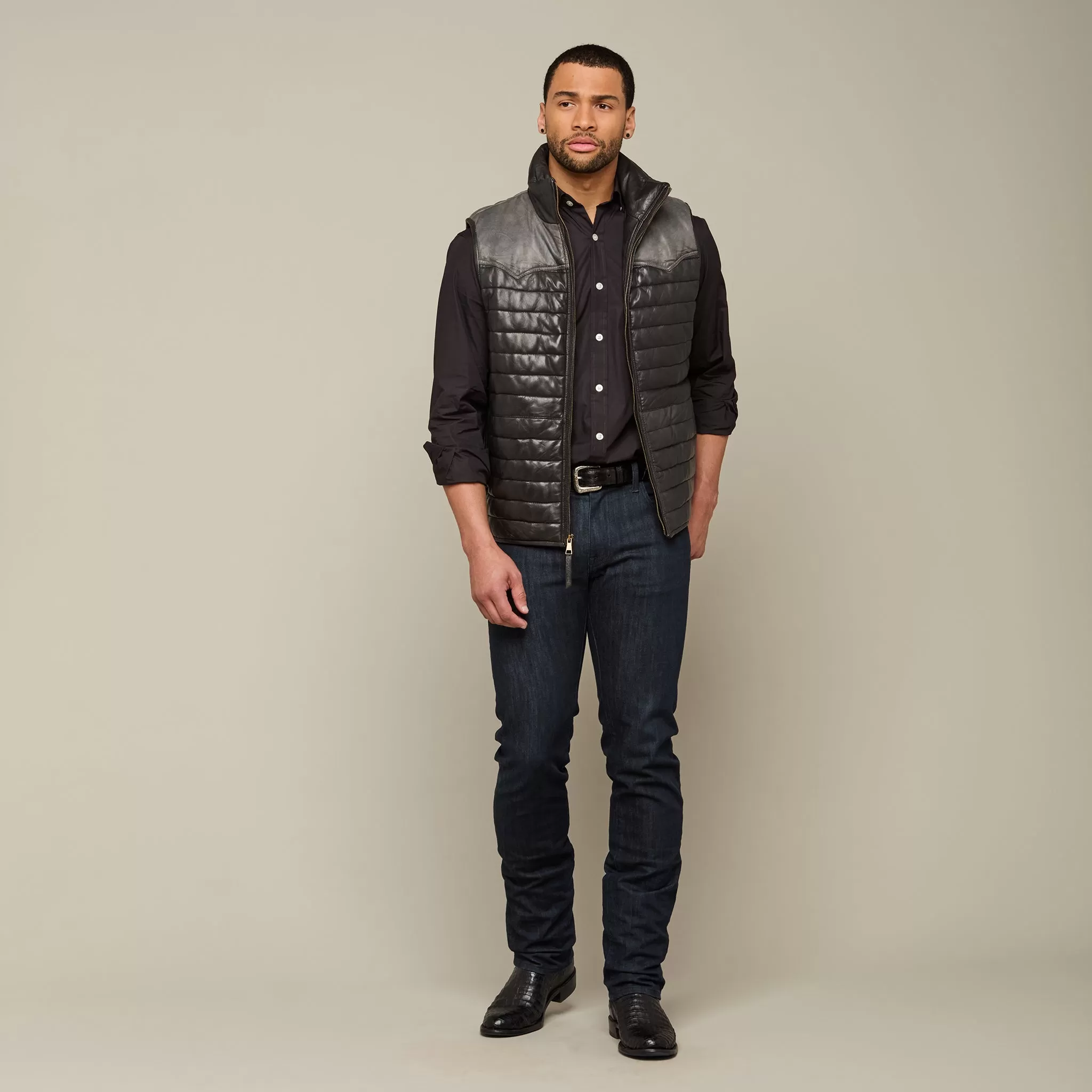 Western Yoke Leather Vest :: Black