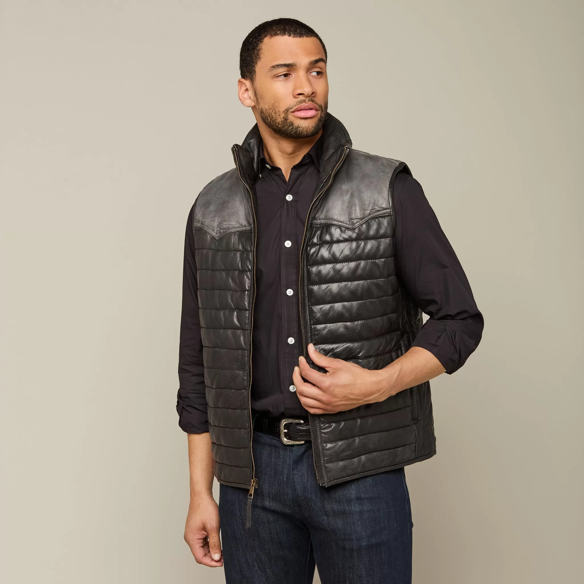 Western Yoke Leather Vest :: Black