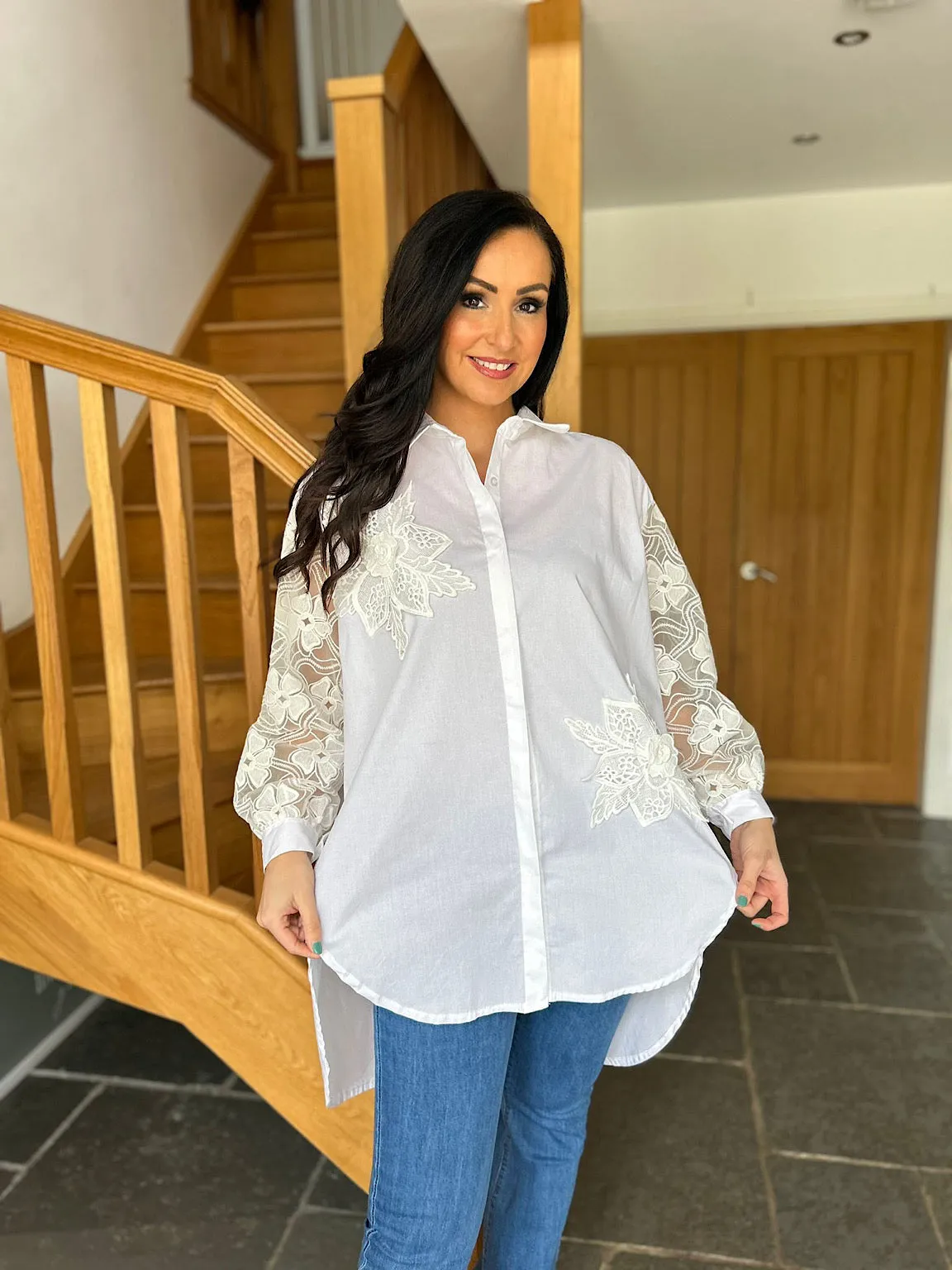 White Crochet Floral Pattern Shirt Terri