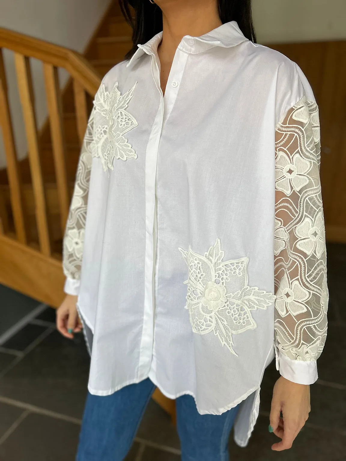 White Crochet Floral Pattern Shirt Terri