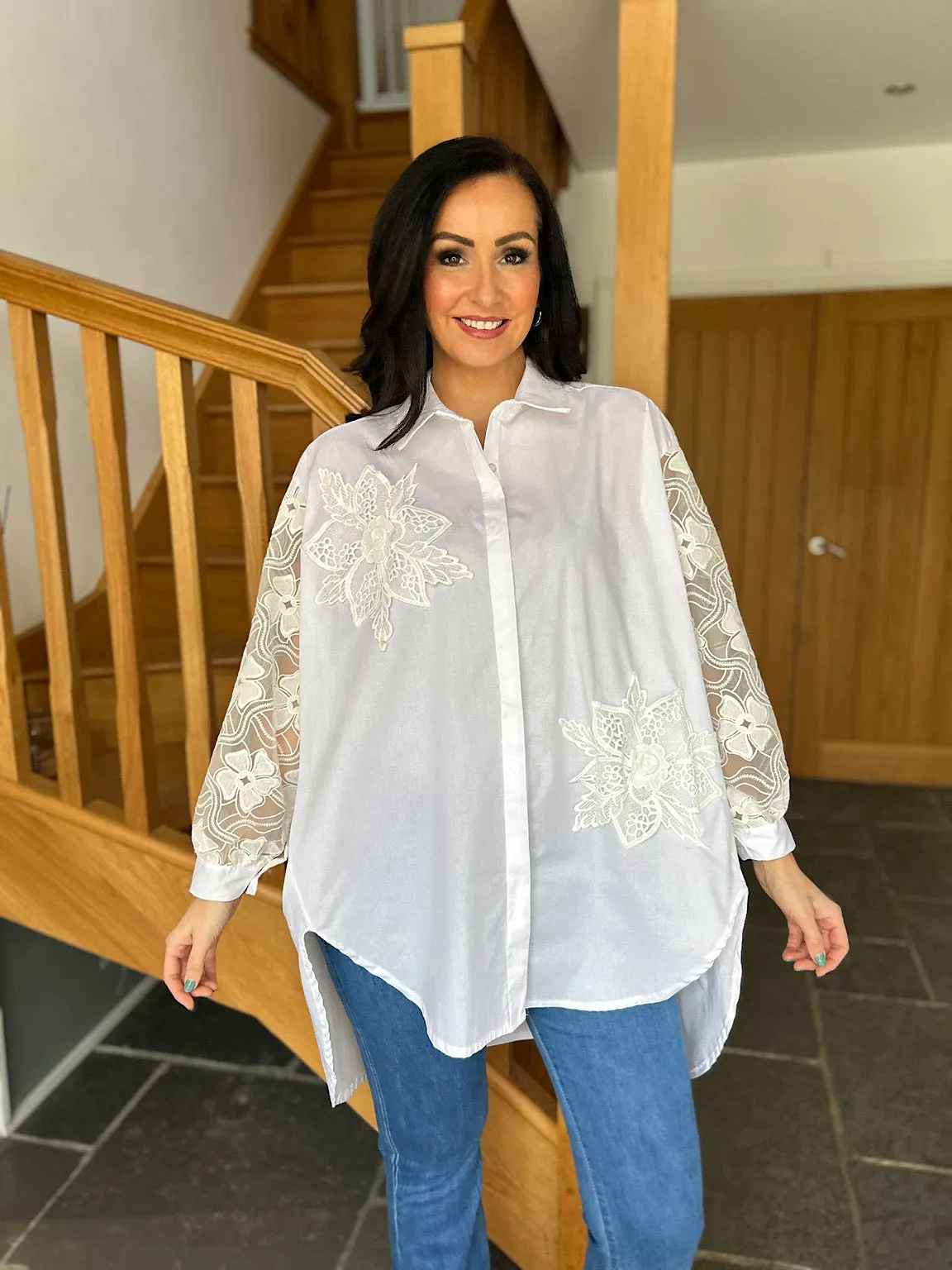 White Crochet Floral Pattern Shirt Terri