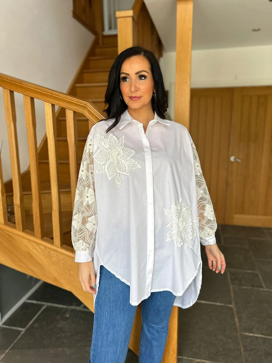 White Crochet Floral Pattern Shirt Terri