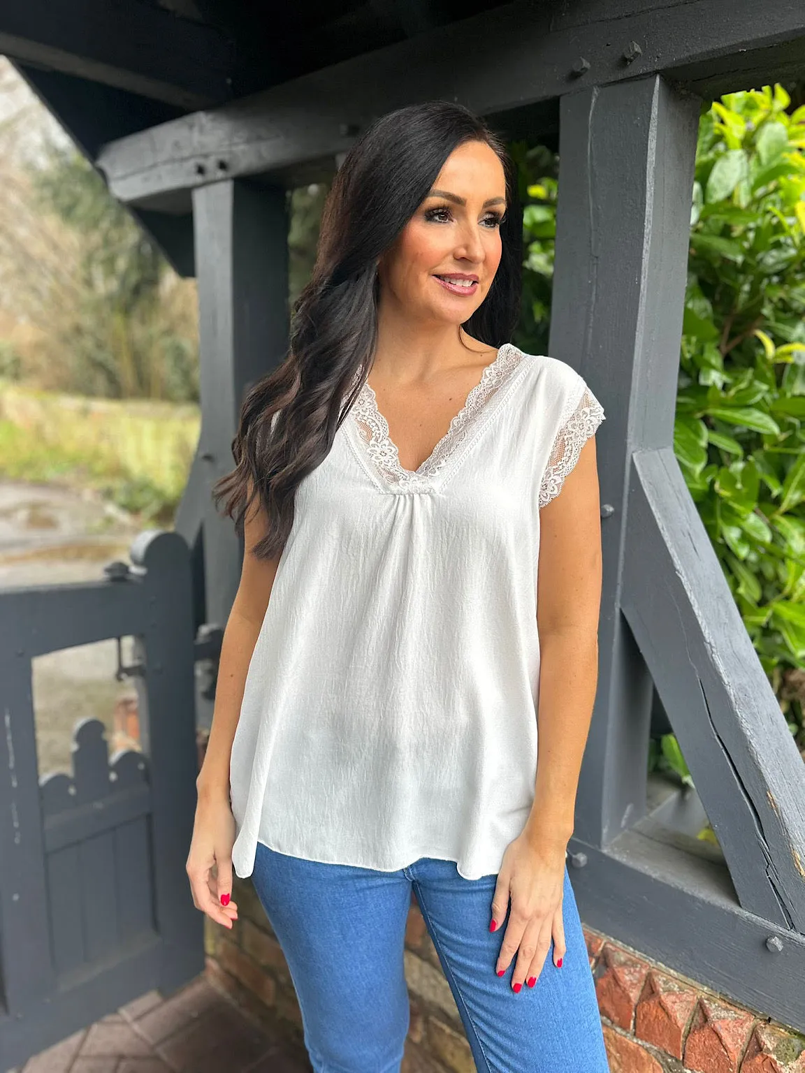 White V Neck Lace Trim Top Brianna