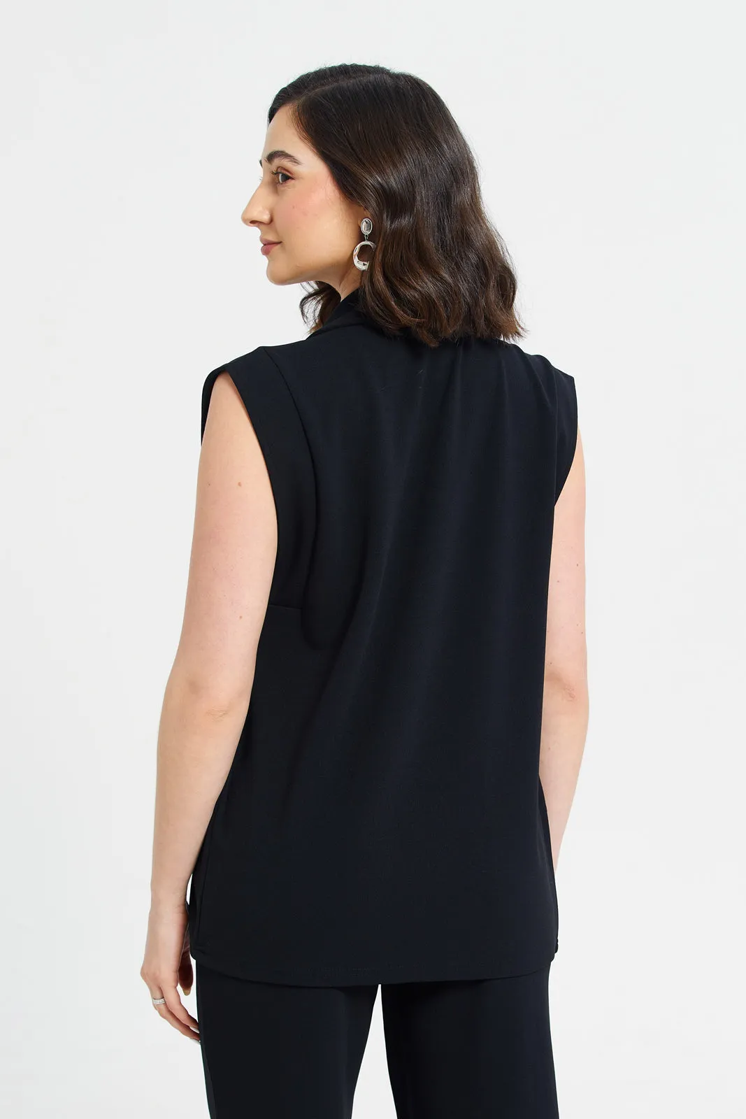 Women Black Plain Sleeveless Jacket