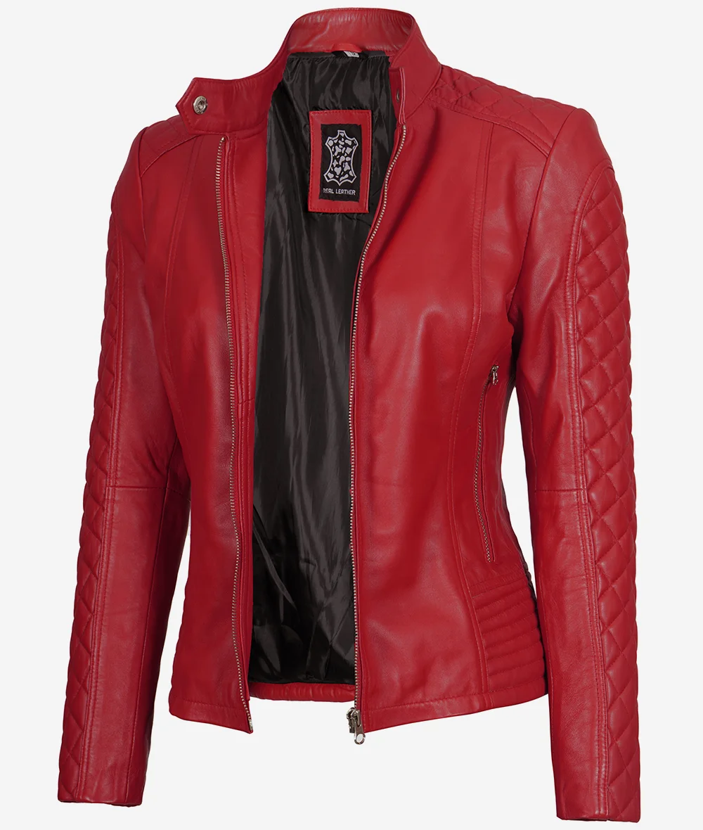 Women's Real Leather Red Quilted Cafe Racer Jacket