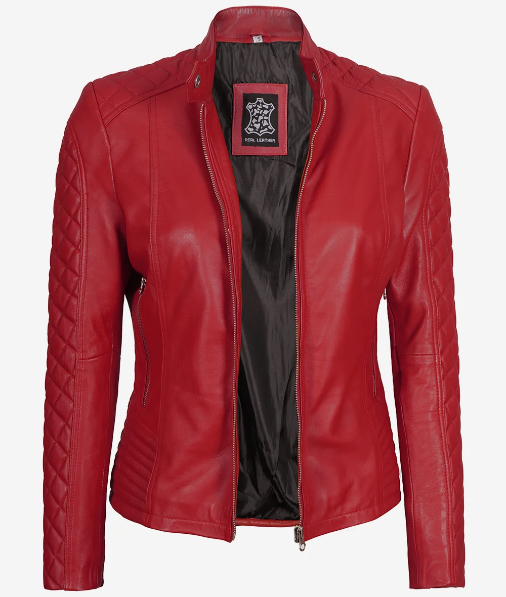 Women's Real Leather Red Quilted Cafe Racer Jacket