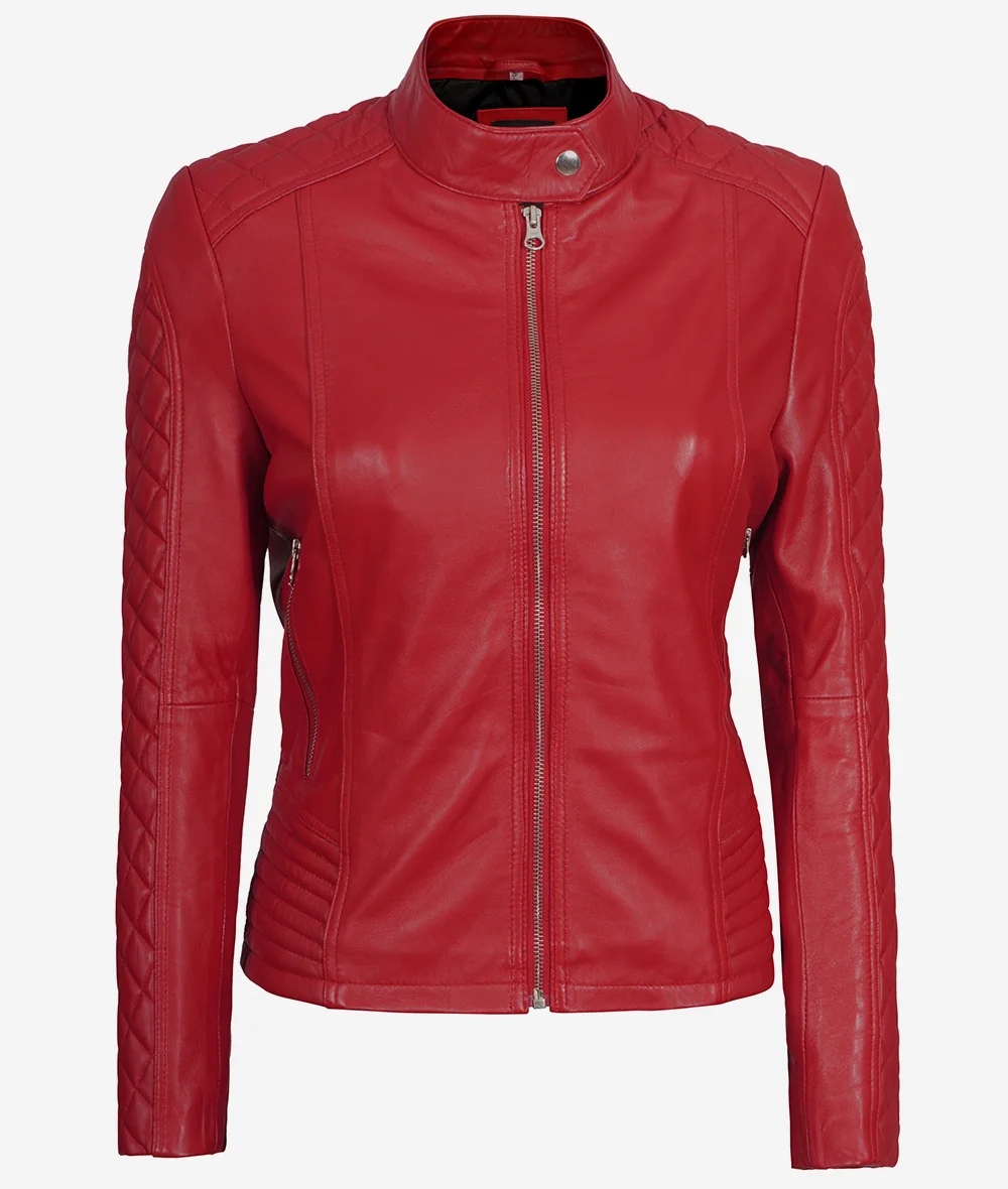 Women's Real Leather Red Quilted Cafe Racer Jacket