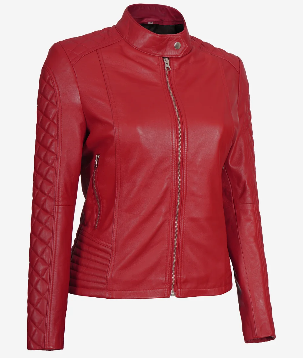 Women's Real Leather Red Quilted Cafe Racer Jacket