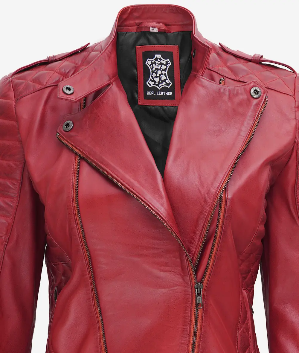 Women's Red Asymmetrical Padded Leather Moto Jacket