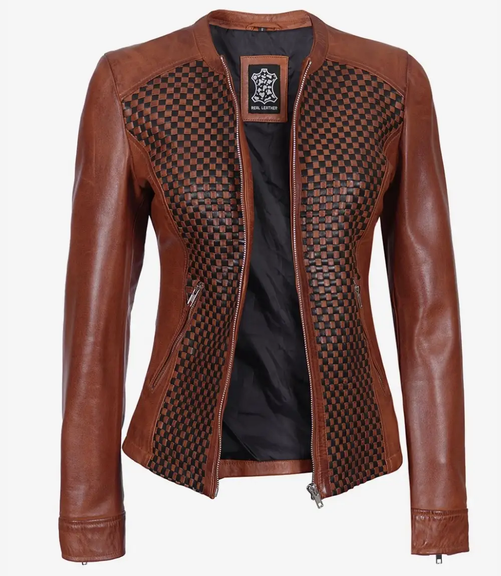 Womens Brown Textured Leather Biker Jacket