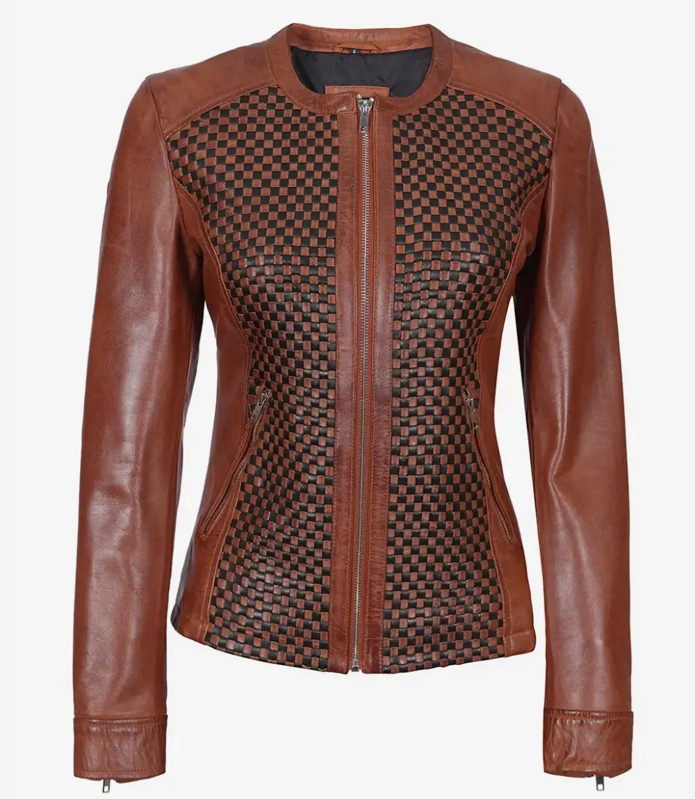 Womens Brown Textured Leather Biker Jacket