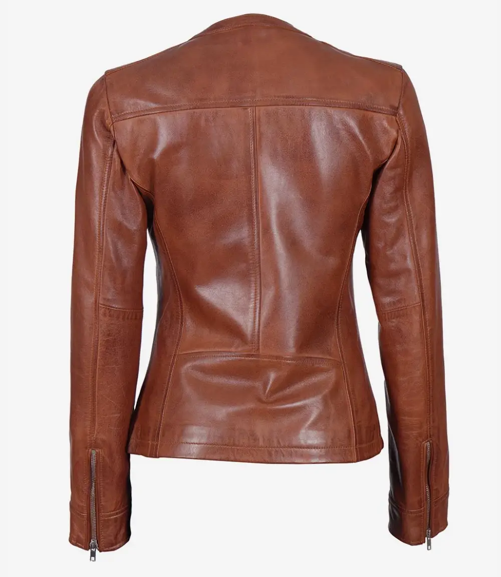 Womens Brown Textured Leather Biker Jacket