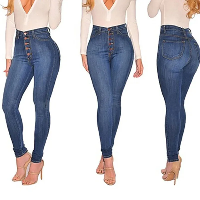 Women's Vintage Style High Waist Button-Up Skinny Denim Trousers