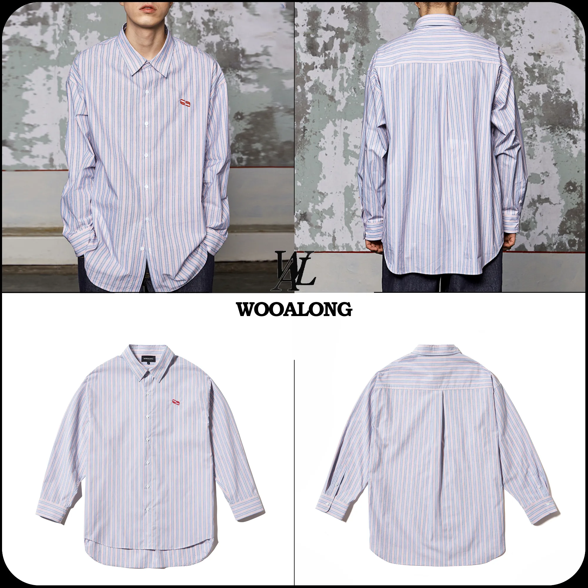 WOOALONG  |[WOOALONG]★Spin logo over fit stripe shirt