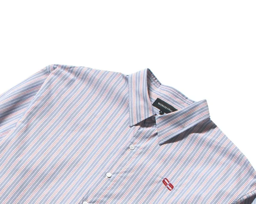 WOOALONG  |[WOOALONG]★Spin logo over fit stripe shirt