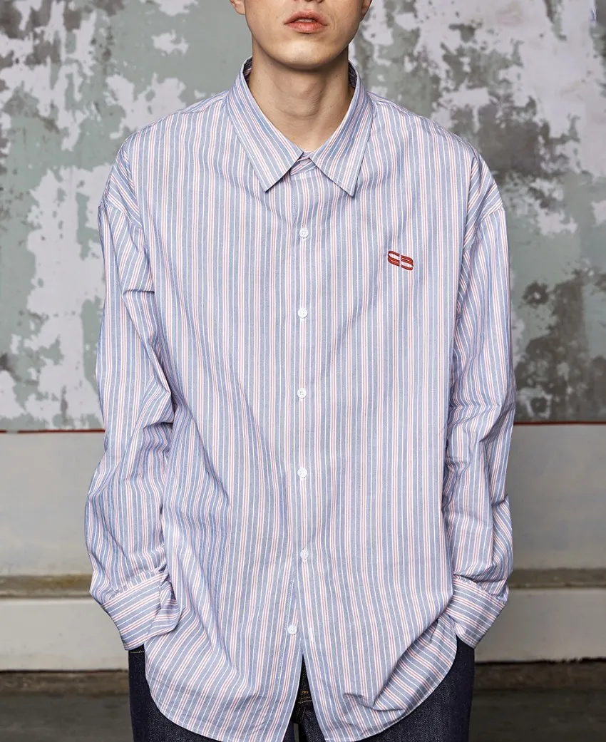 WOOALONG  |[WOOALONG]★Spin logo over fit stripe shirt