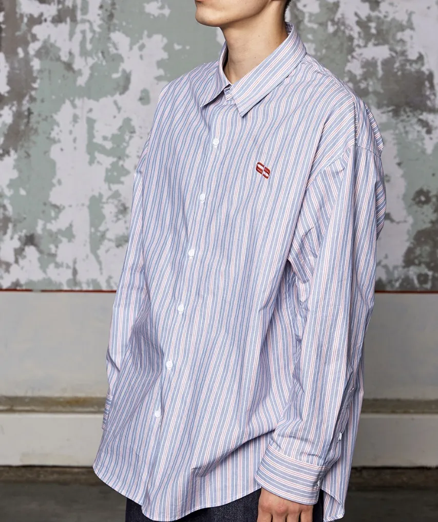 WOOALONG  |[WOOALONG]★Spin logo over fit stripe shirt