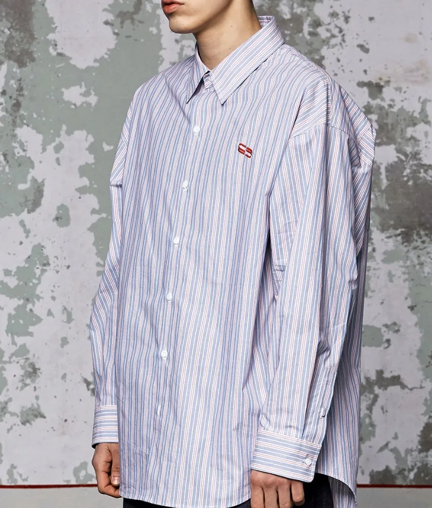 WOOALONG  |[WOOALONG]★Spin logo over fit stripe shirt