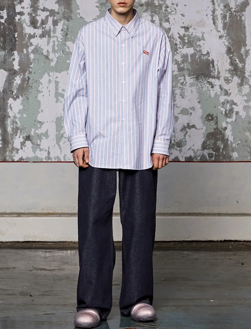 WOOALONG  |[WOOALONG]★Spin logo over fit stripe shirt