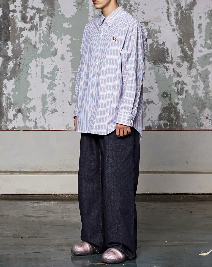 WOOALONG  |[WOOALONG]★Spin logo over fit stripe shirt