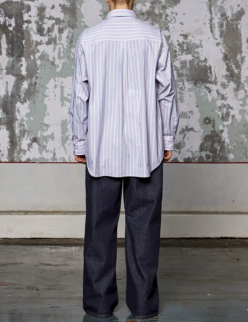 WOOALONG  |[WOOALONG]★Spin logo over fit stripe shirt