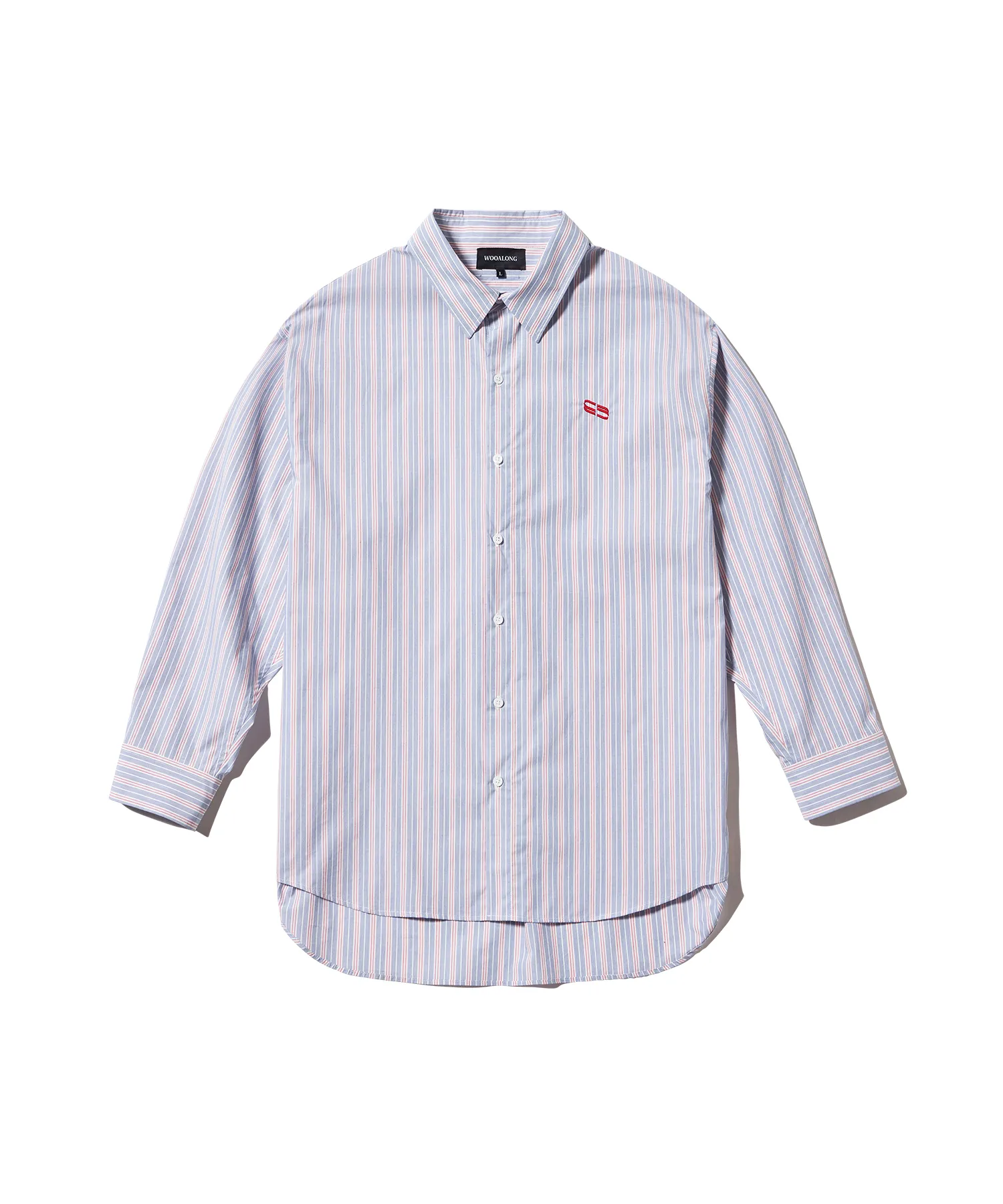 WOOALONG  |[WOOALONG]★Spin logo over fit stripe shirt