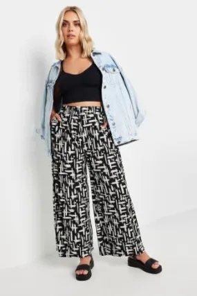 YOURS Curve Black Abstract Print Textured Wide Leg Trousers